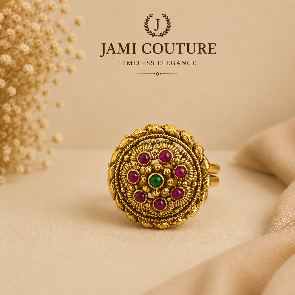 Antique Gold Floral Statement Ring with Ruby & Emerald Stones | Adjustable Traditional Temple Jewelry