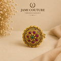 Antique Gold Floral Statement Ring with Ruby & Emerald Stones | Adjustable Traditional Temple Jewelry