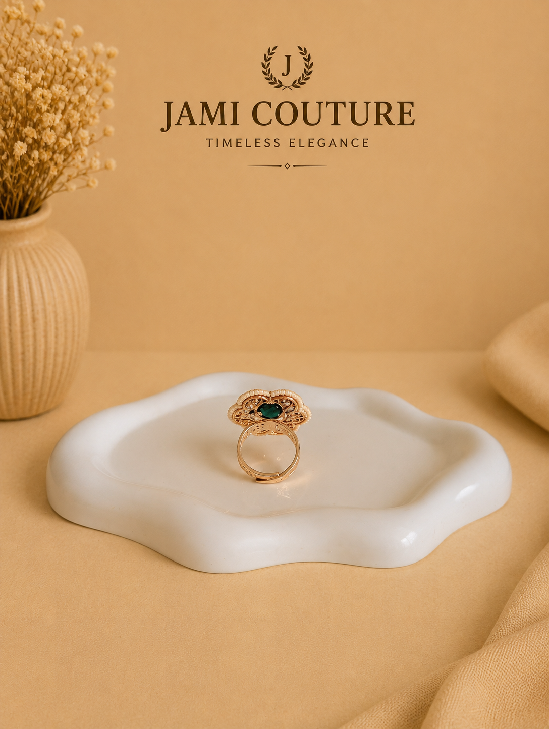 Emerald Green & Kundan Floral Statement Ring with Pearl Halo | Adjustable Antique Gold-Toned Jewelry