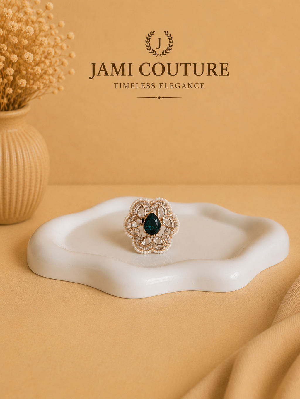 Emerald Green & Kundan Floral Statement Ring with Pearl Halo | Adjustable Antique Gold-Toned Jewelry