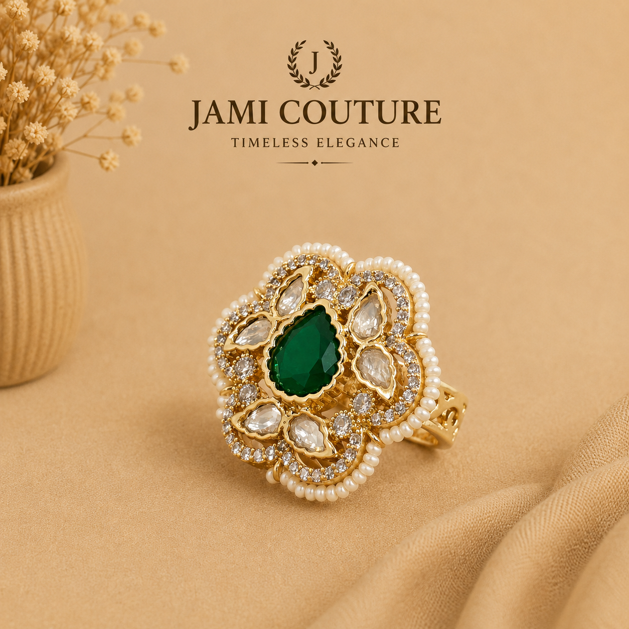 Emerald Green & Kundan Floral Statement Ring with Pearl Halo | Adjustable Antique Gold-Toned Jewelry