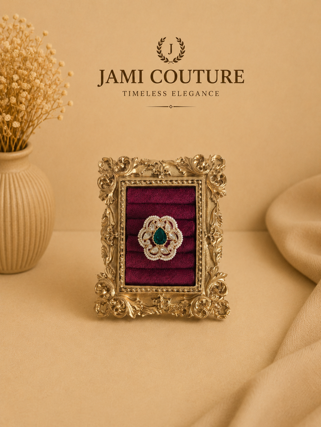 Emerald Green & Kundan Floral Statement Ring with Pearl Halo | Adjustable Antique Gold-Toned Jewelry