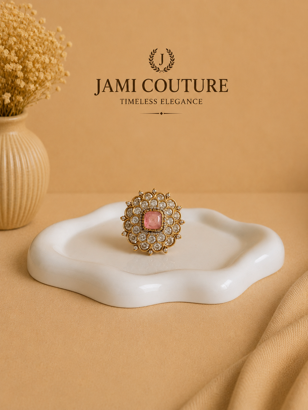 Pink Tourmaline & Polki Floral Statement Ring | Gold-Toned Cocktail Jewelry