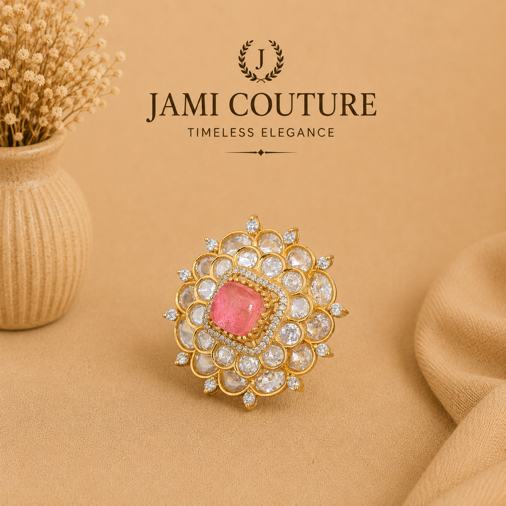 Pink Tourmaline & Polki Floral Statement Ring | Gold-Toned Cocktail Jewelry