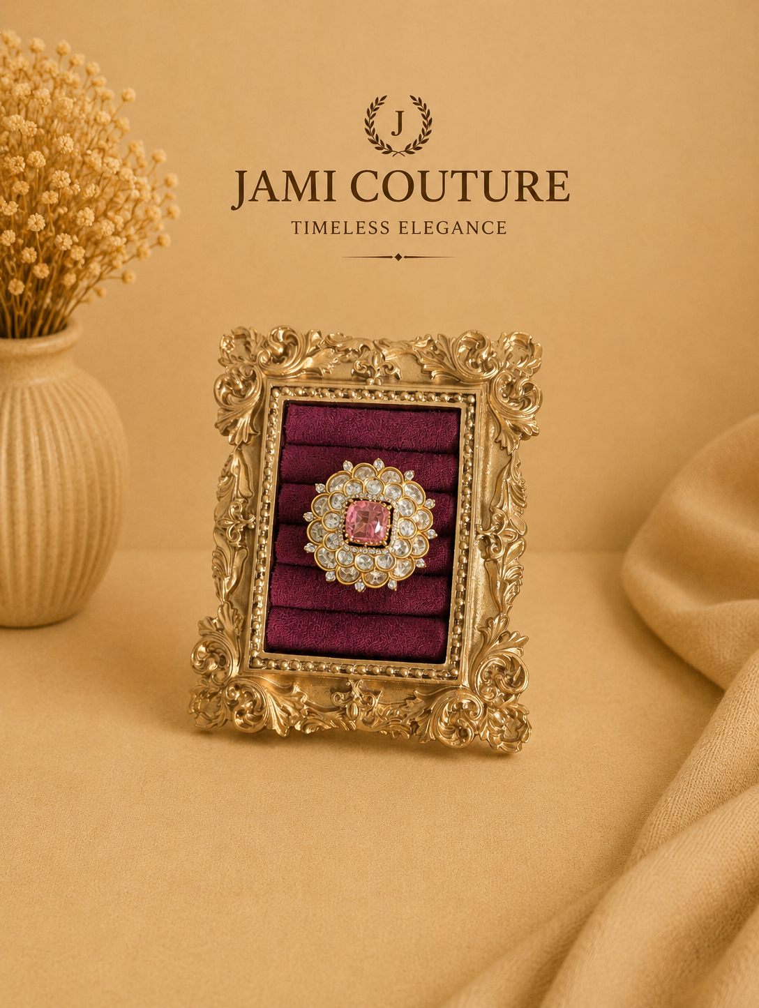 Pink Tourmaline & Polki Floral Statement Ring | Gold-Toned Cocktail Jewelry