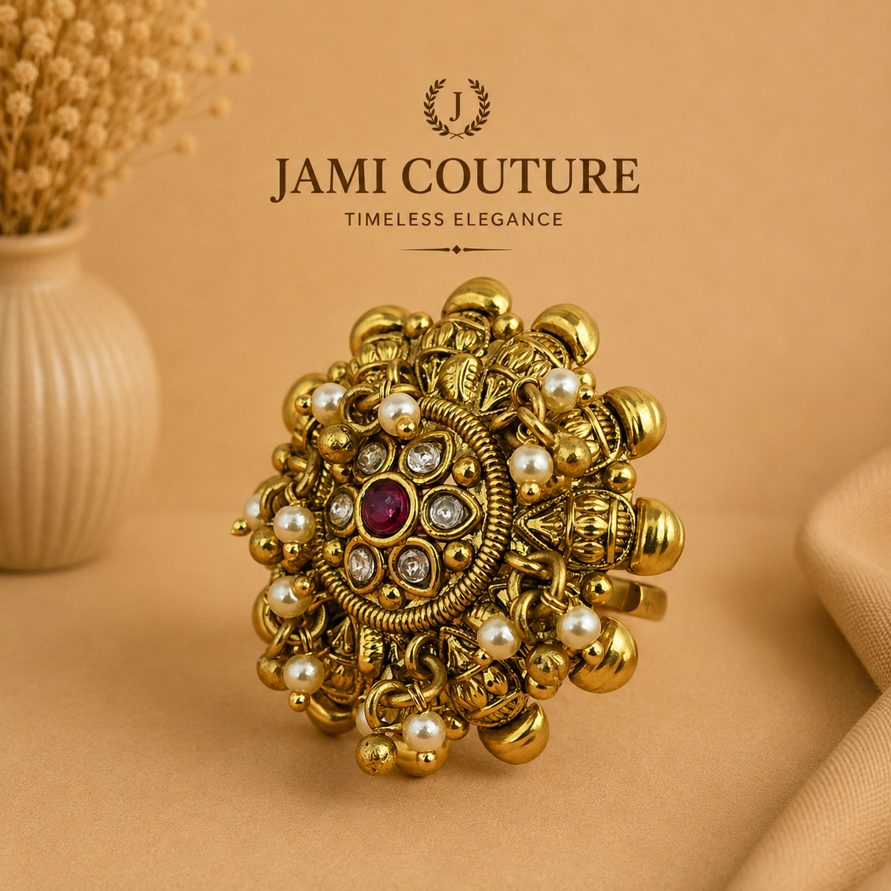 Antique Gold Kundan Floral Statement Ring with Ruby Center & Pearl Drops | Adjustable Traditional Temple Jewelry