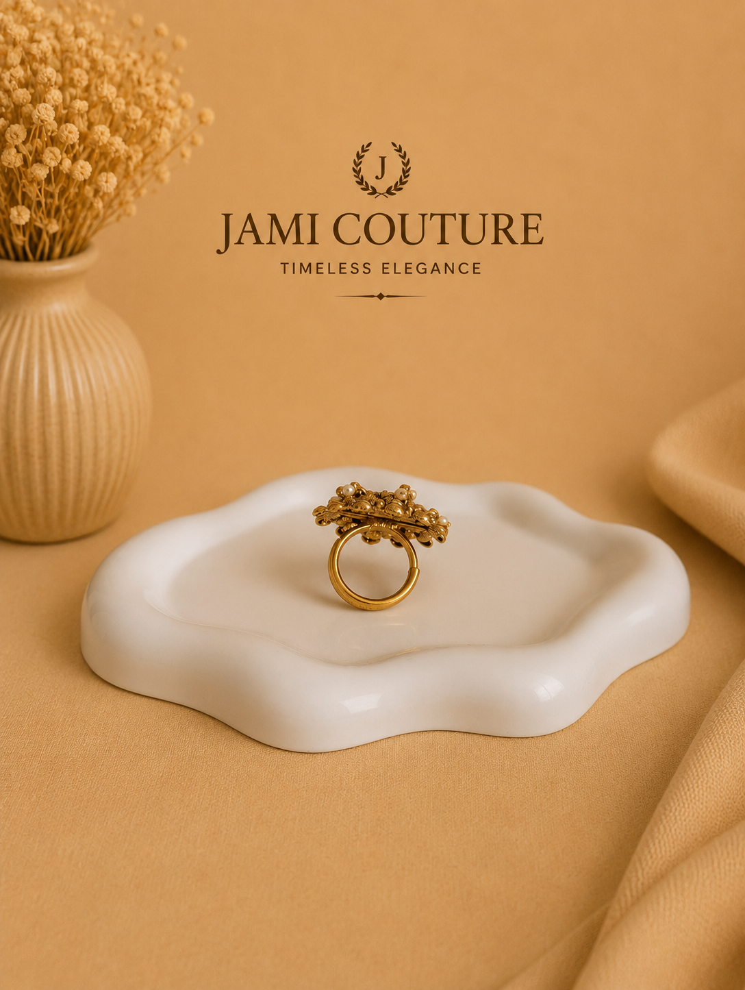 Antique Gold Kundan Floral Statement Ring with Ruby Center & Pearl Drops | Adjustable Traditional Temple Jewelry
