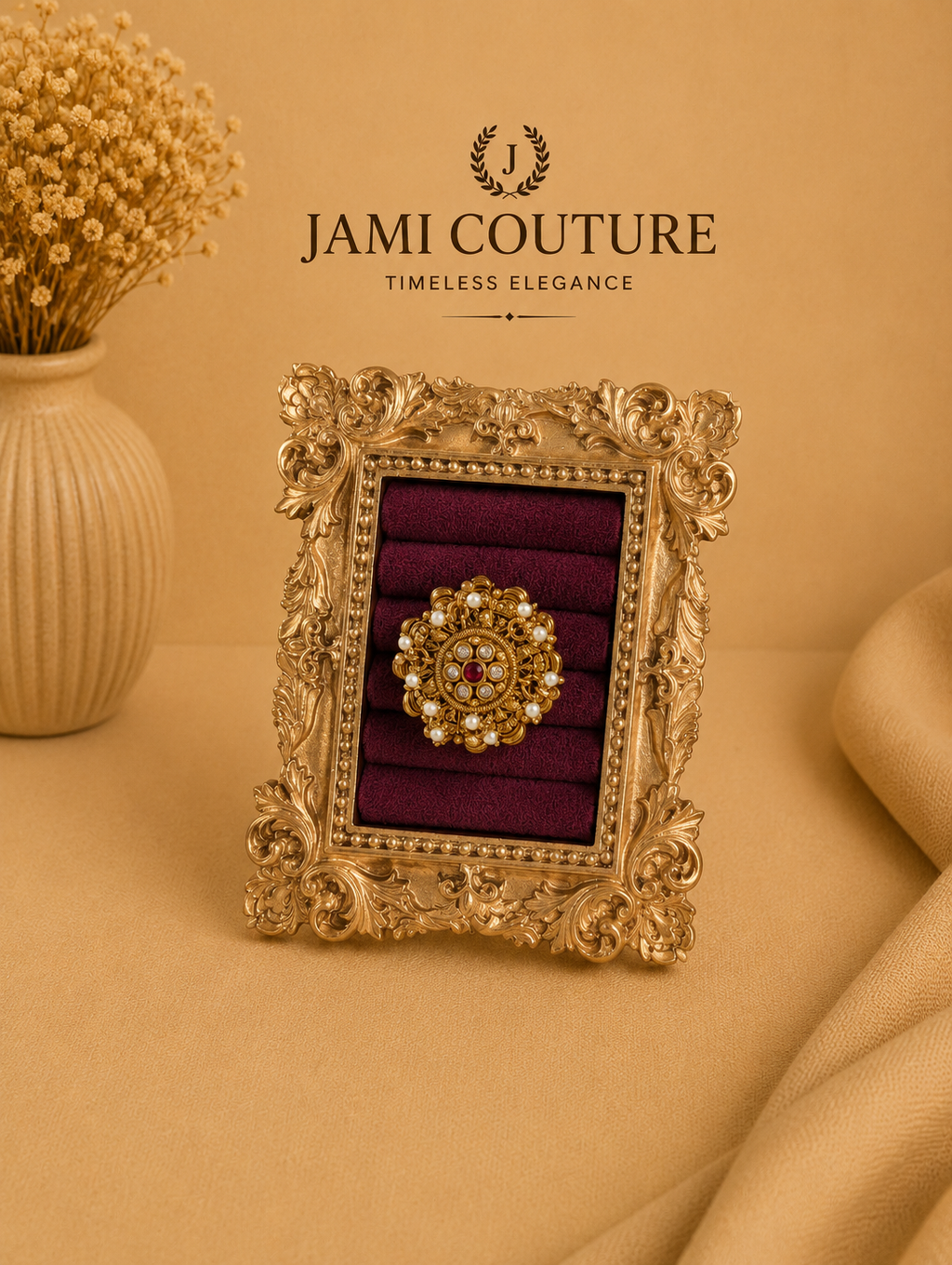 Antique Gold Kundan Floral Statement Ring with Ruby Center & Pearl Drops | Adjustable Traditional Temple Jewelry