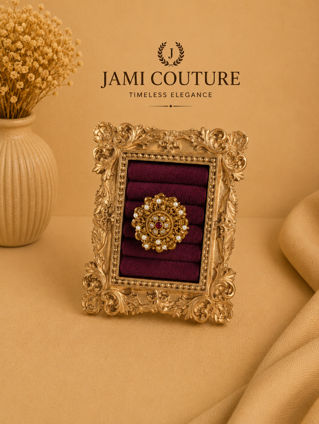 Antique Gold Kundan Floral Statement Ring with Ruby Center & Pearl Drops | Adjustable Traditional Temple Jewelry