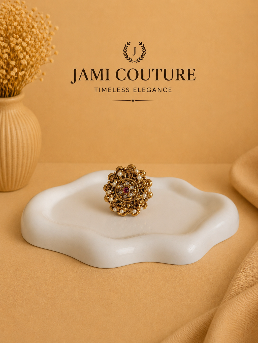 Antique Gold Kundan Floral Statement Ring with Ruby Center & Pearl Drops | Adjustable Traditional Temple Jewelry