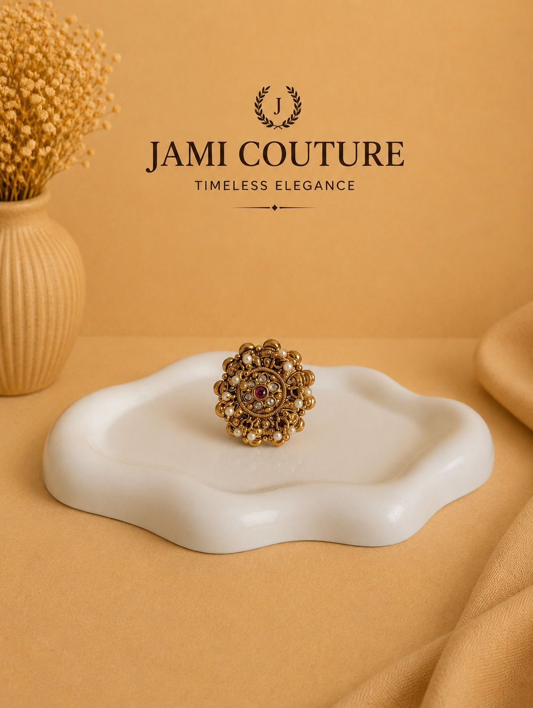 Antique Gold Kundan Floral Statement Ring with Ruby Center & Pearl Drops | Adjustable Traditional Temple Jewelry