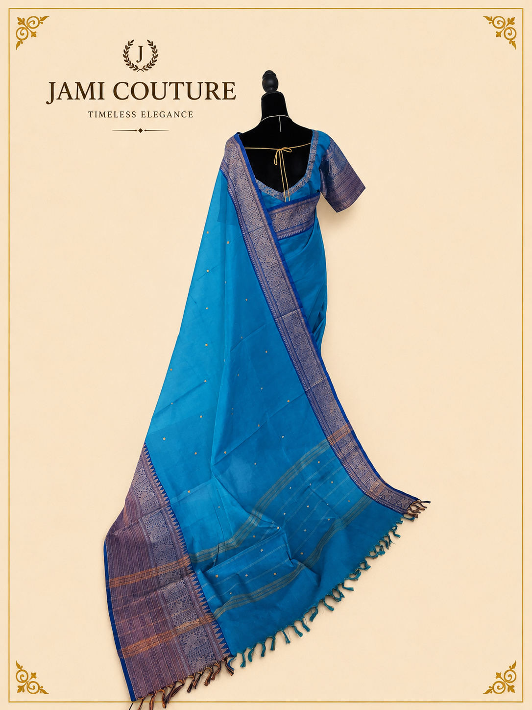 Peacock Blue Handwoven Cotton Saree with Contrast Zari Border & Pallu | Traditional South Indian Saree