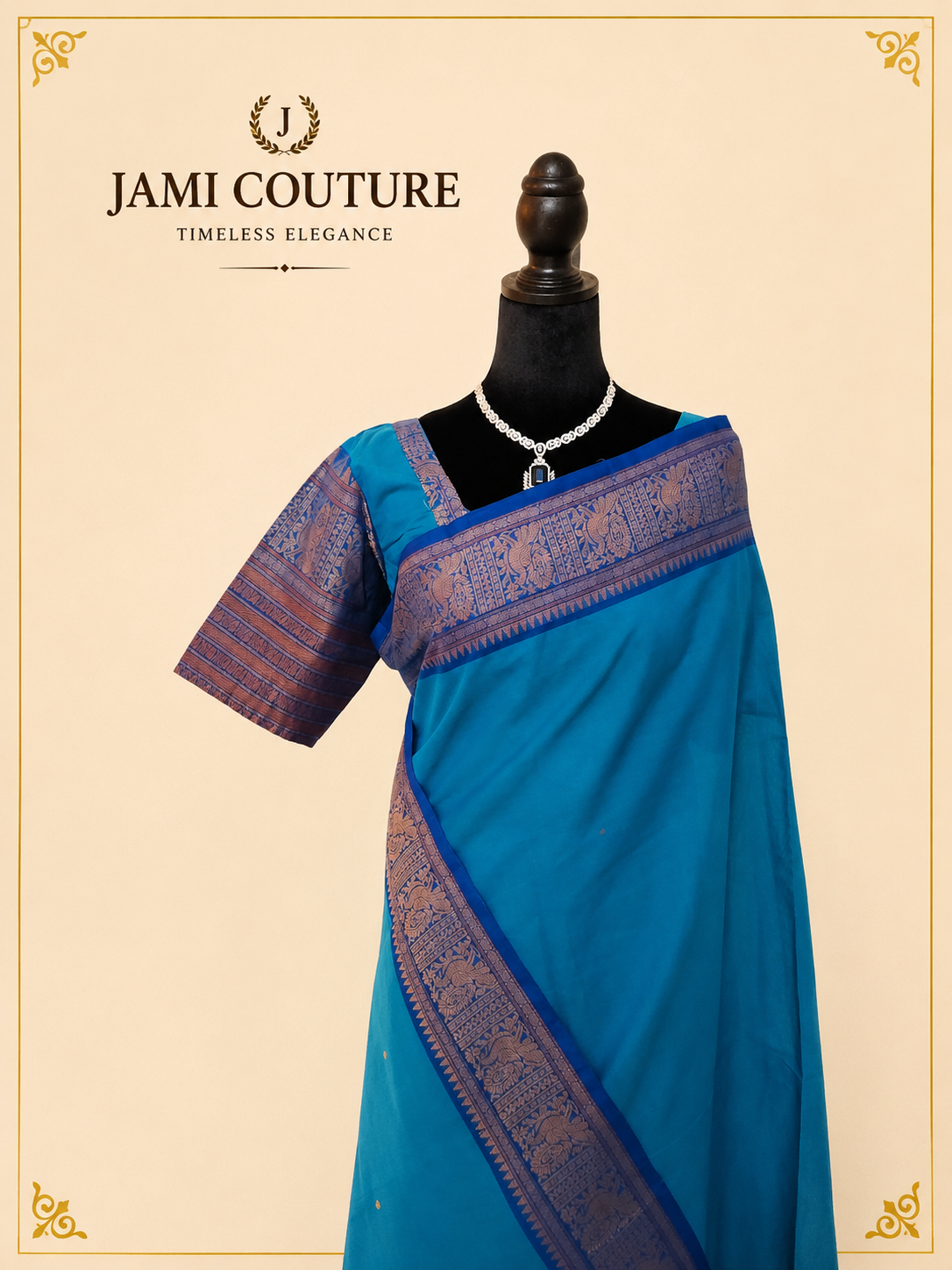 Peacock Blue Handwoven Cotton Saree with Contrast Zari Border & Pallu | Traditional South Indian Saree