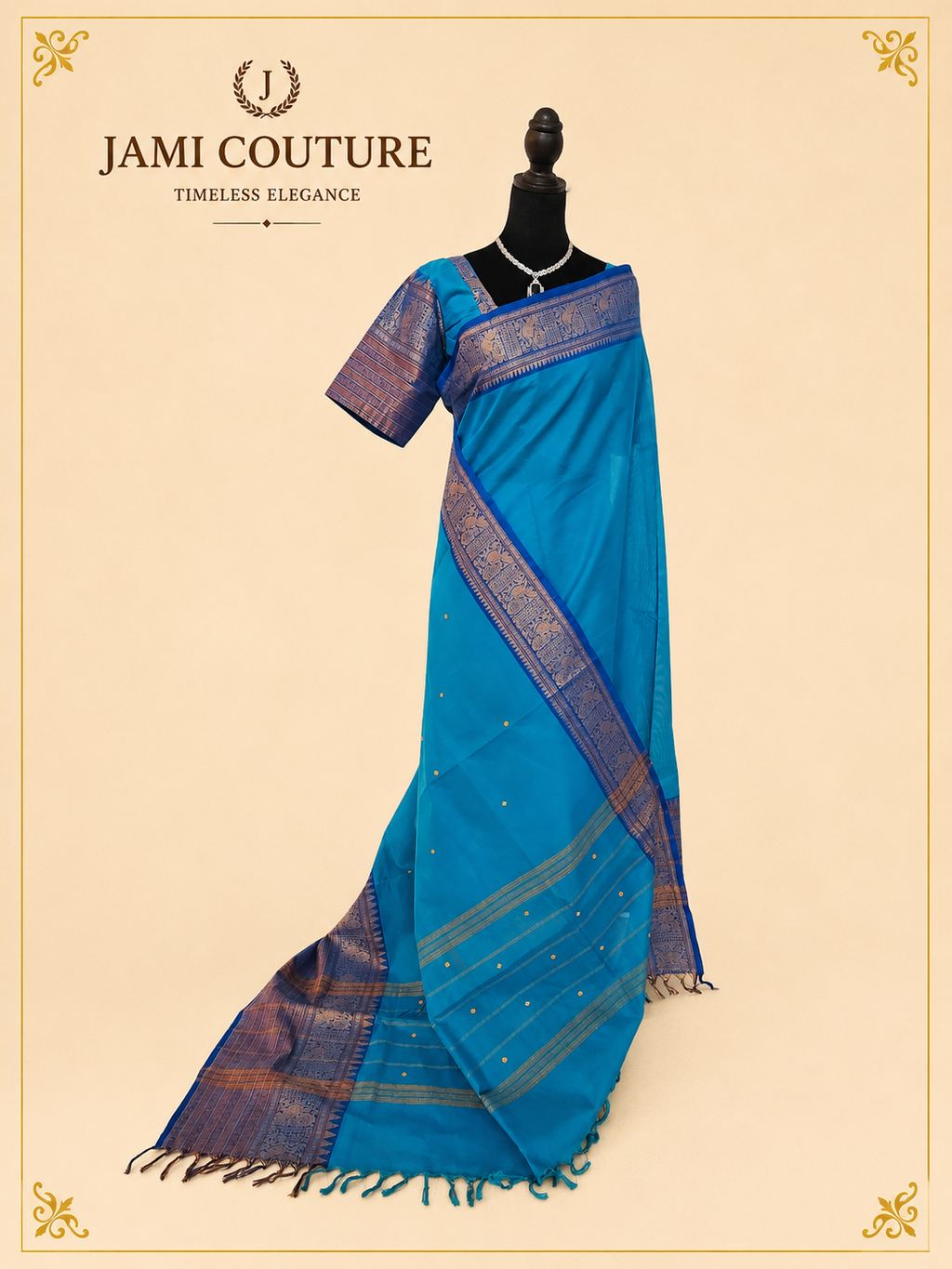Peacock Blue Handwoven Cotton Saree with Contrast Zari Border & Pallu | Traditional South Indian Saree
