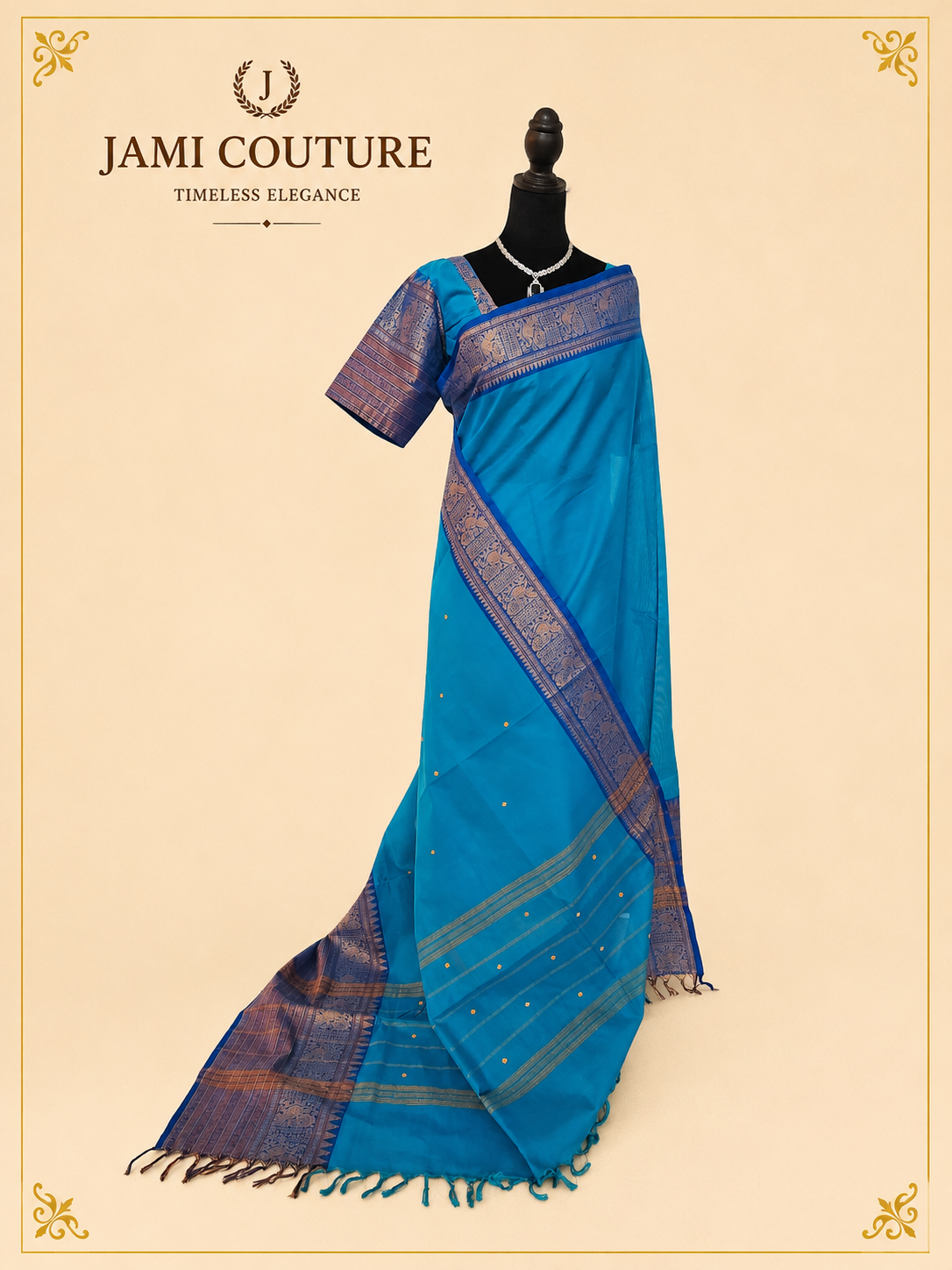 Peacock Blue Handwoven Cotton Saree with Contrast Zari Border & Pallu | Traditional South Indian Saree