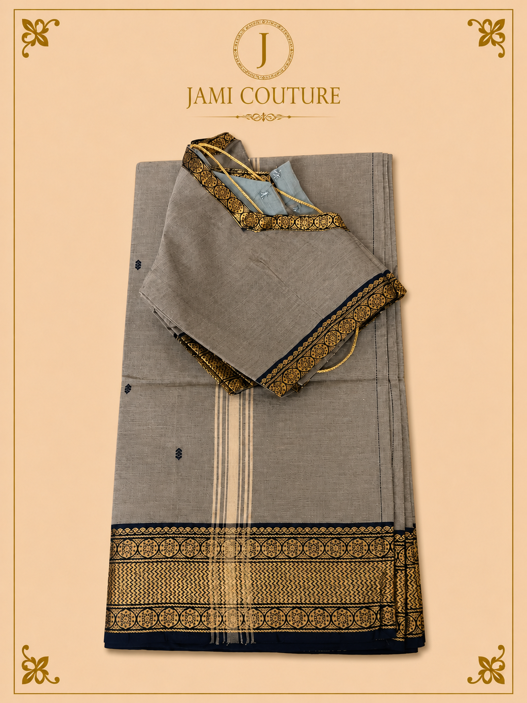 Warm Grey Silk Cotton Saree with Black & Antique Gold Medallion Border | Ready-Stitched Blouse