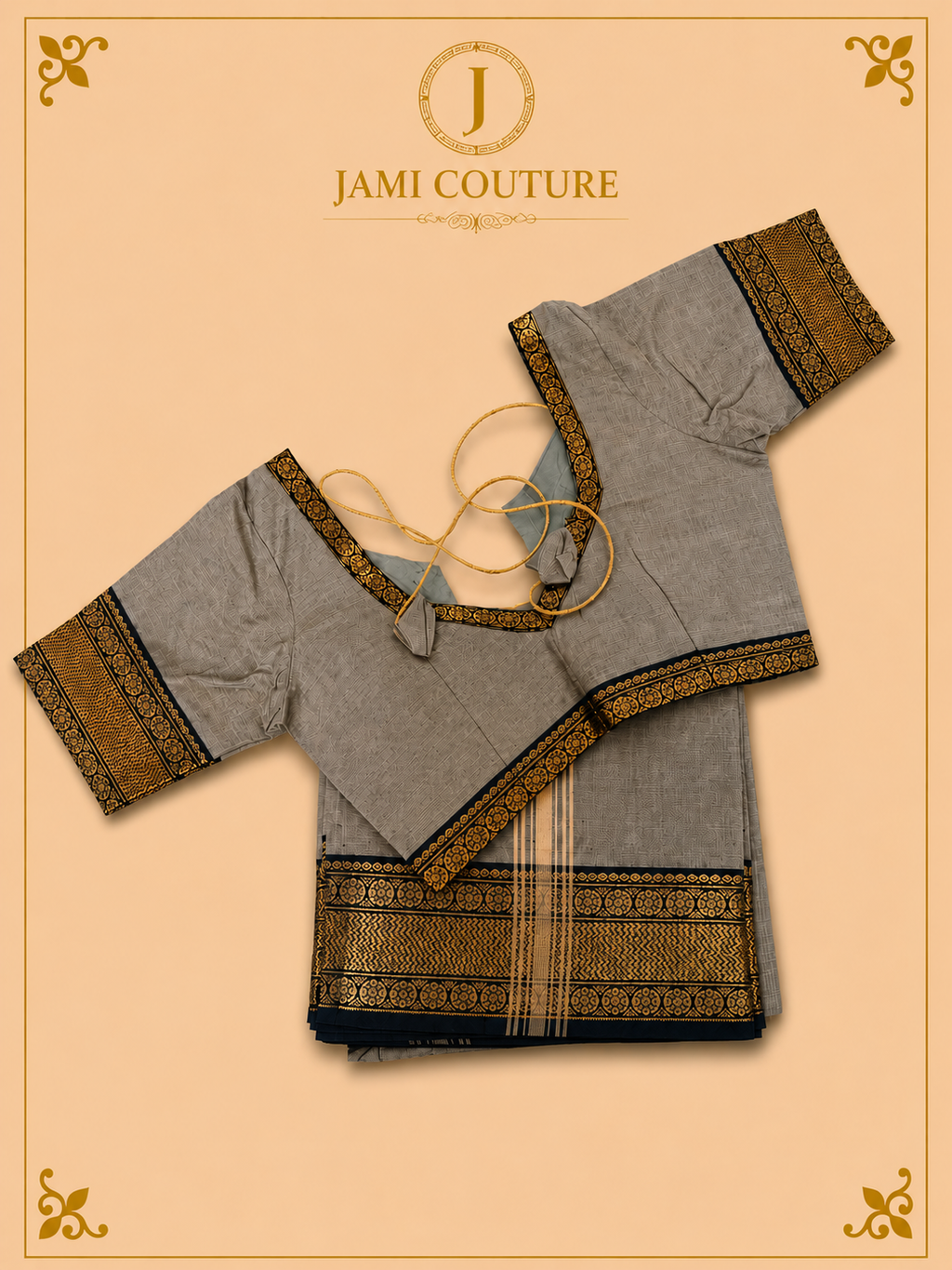 Warm Grey Silk Cotton Saree with Black & Antique Gold Medallion Border | Ready-Stitched Blouse