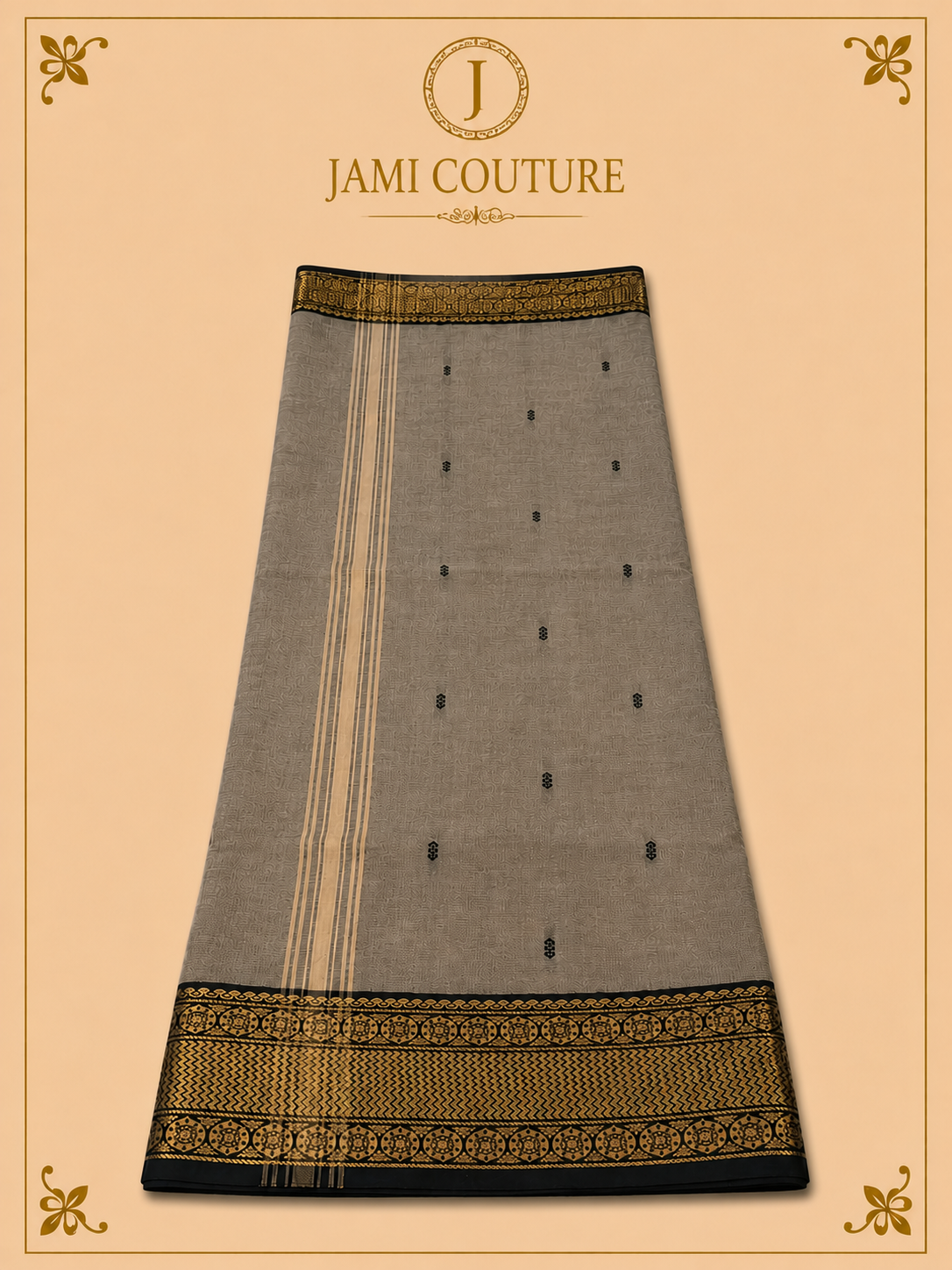 Warm Grey Silk Cotton Saree with Black & Antique Gold Medallion Border | Ready-Stitched Blouse
