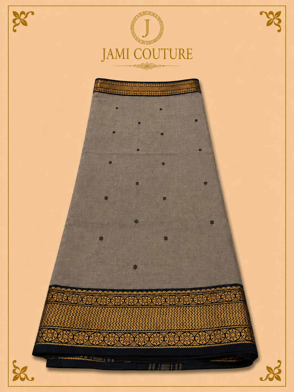 Warm Grey Silk Cotton Saree with Black & Antique Gold Medallion Border | Ready-Stitched Blouse
