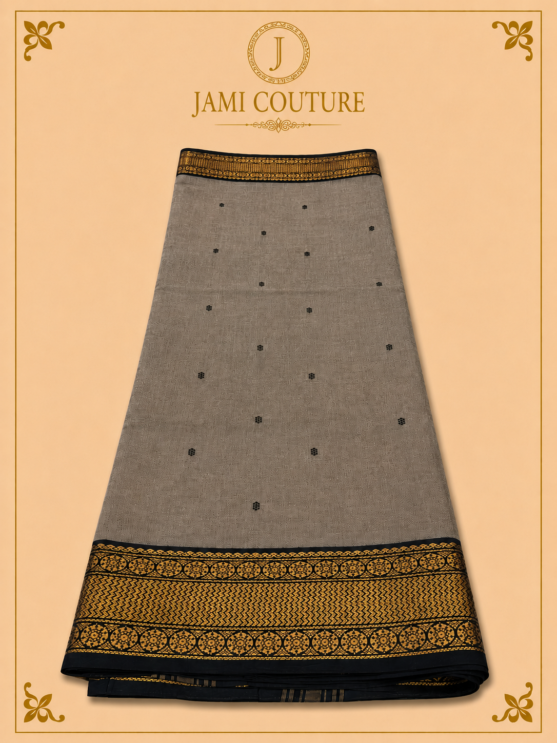 Warm Grey Silk Cotton Saree with Black & Antique Gold Medallion Border | Ready-Stitched Blouse