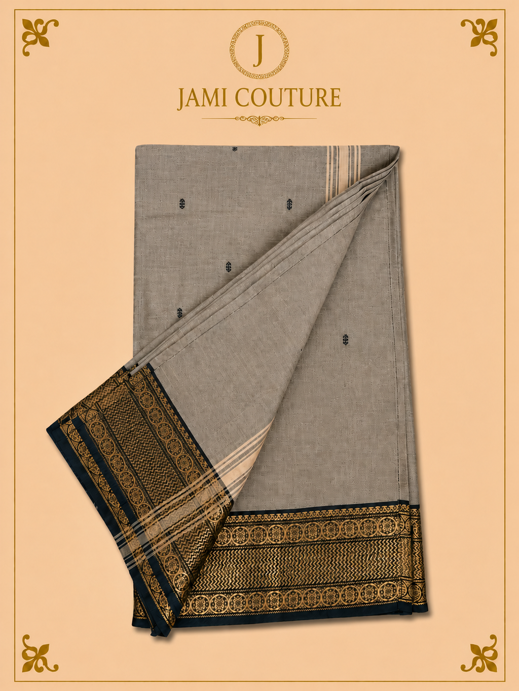 Warm Grey Silk Cotton Saree with Black & Antique Gold Medallion Border | Ready-Stitched Blouse