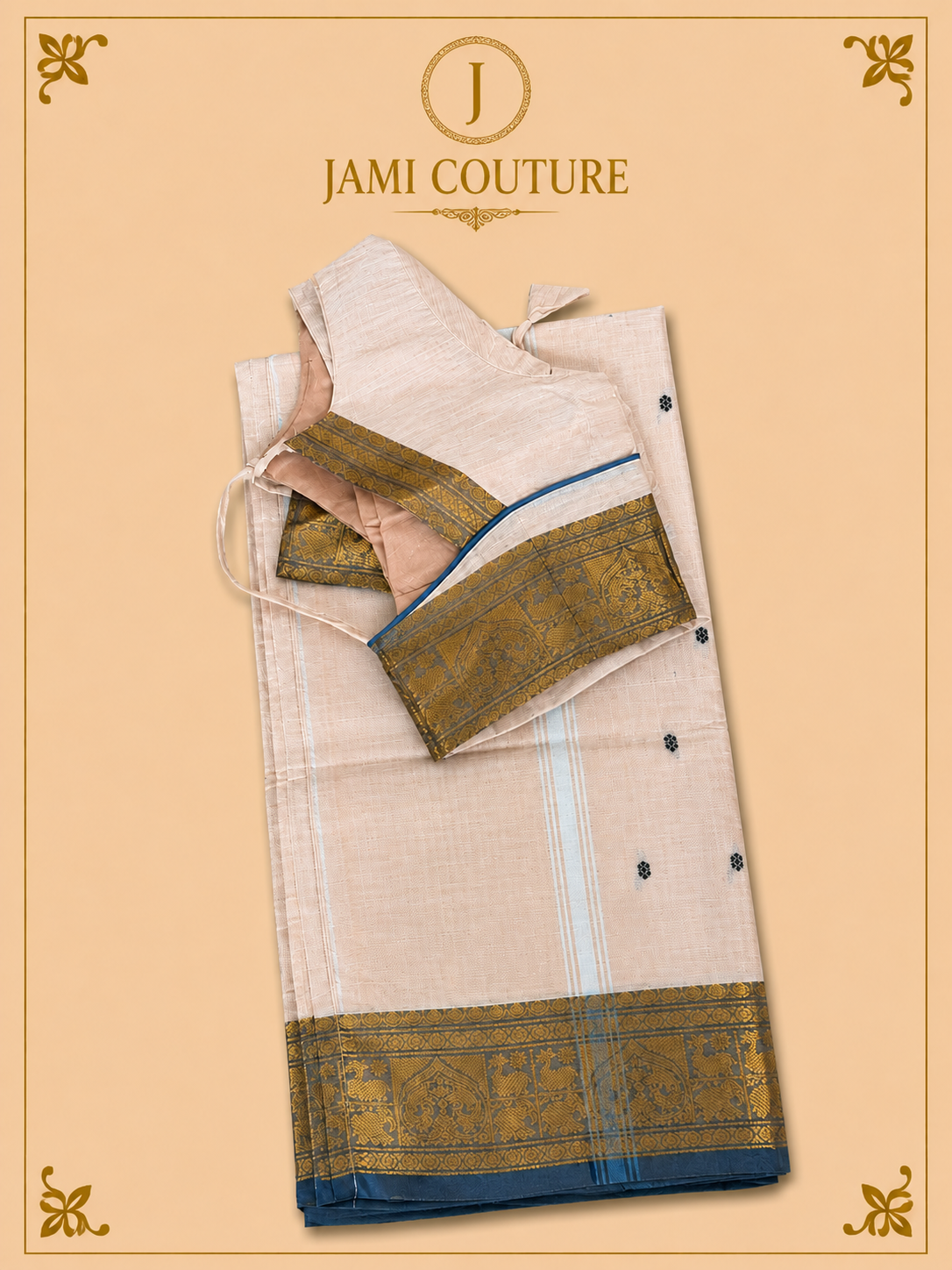 Off-White Silk Cotton Saree with Navy & Antique Gold Temple Elephant Border | Ready-Stitched Blouse