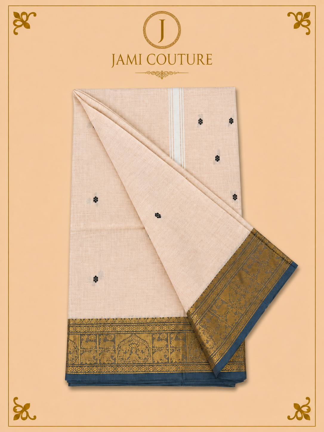 Off-White Silk Cotton Saree with Navy & Antique Gold Temple Elephant Border | Ready-Stitched Blouse