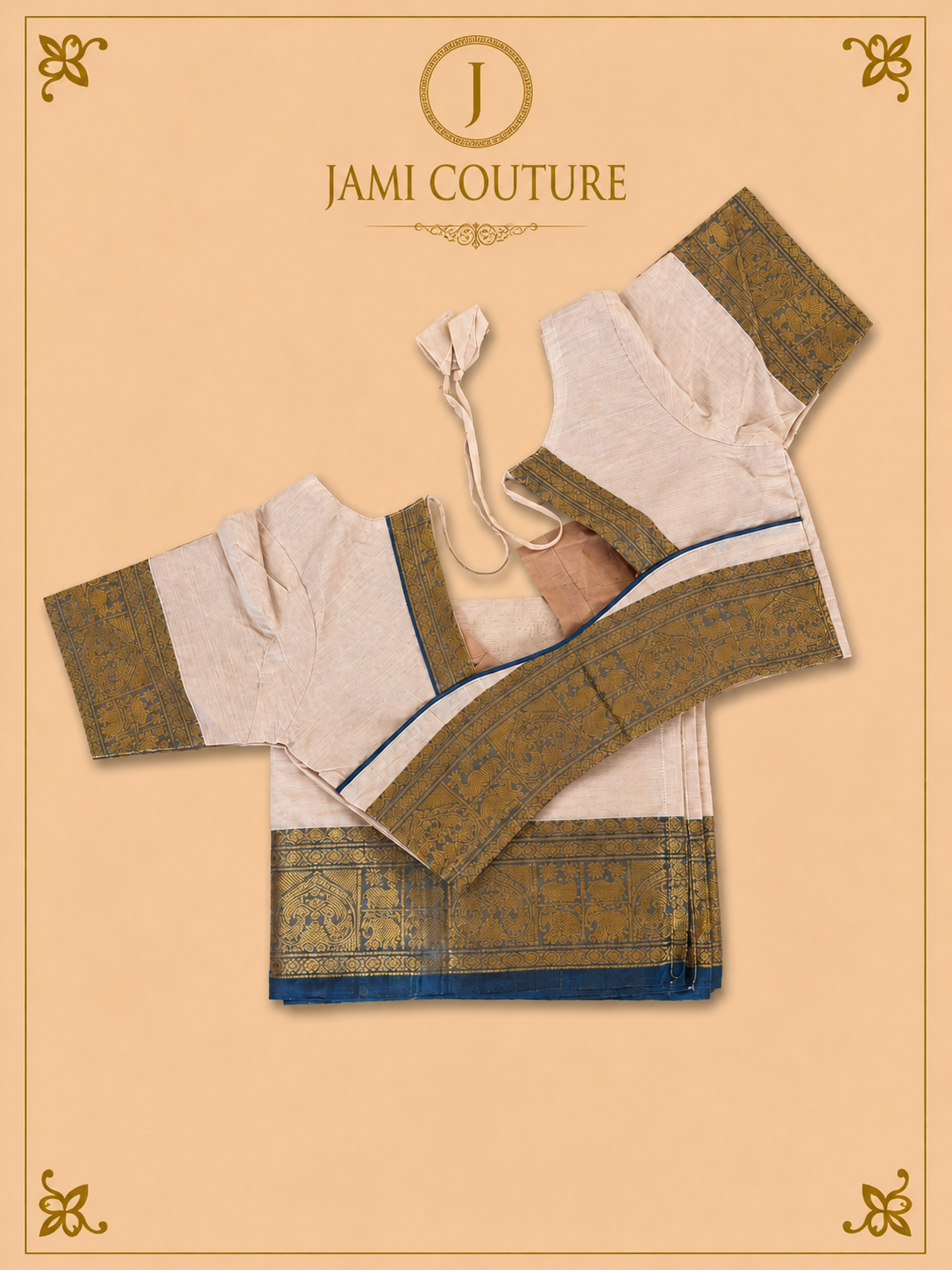 Off-White Silk Cotton Saree with Navy & Antique Gold Temple Elephant Border | Ready-Stitched Blouse