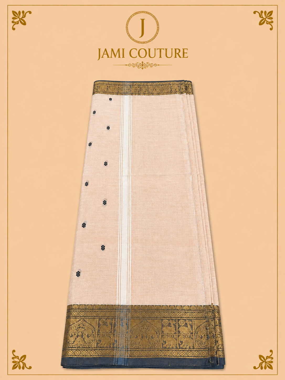 Off-White Silk Cotton Saree with Navy & Antique Gold Temple Elephant Border | Ready-Stitched Blouse