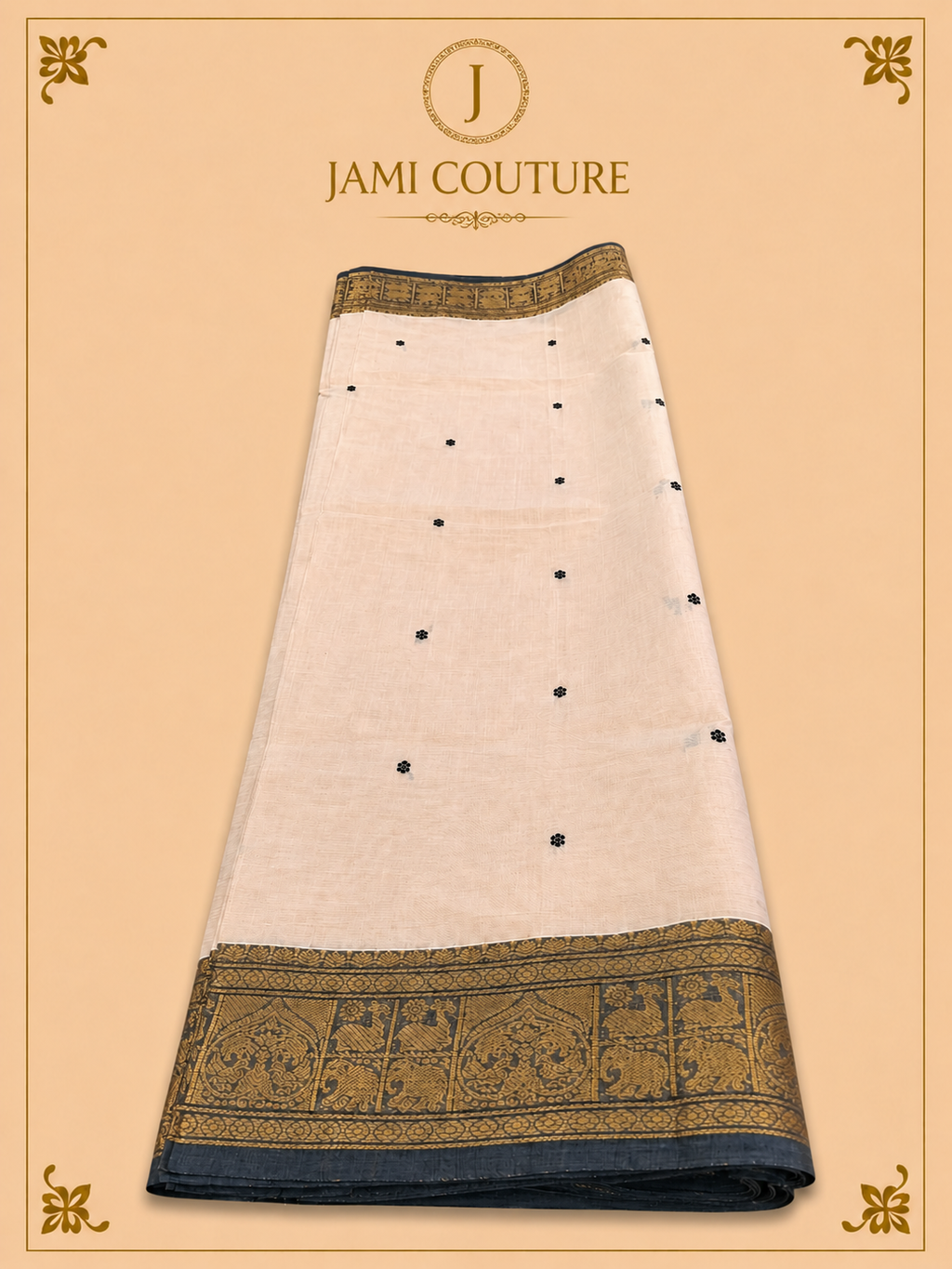 Off-White Silk Cotton Saree with Navy & Antique Gold Temple Elephant Border | Ready-Stitched Blouse