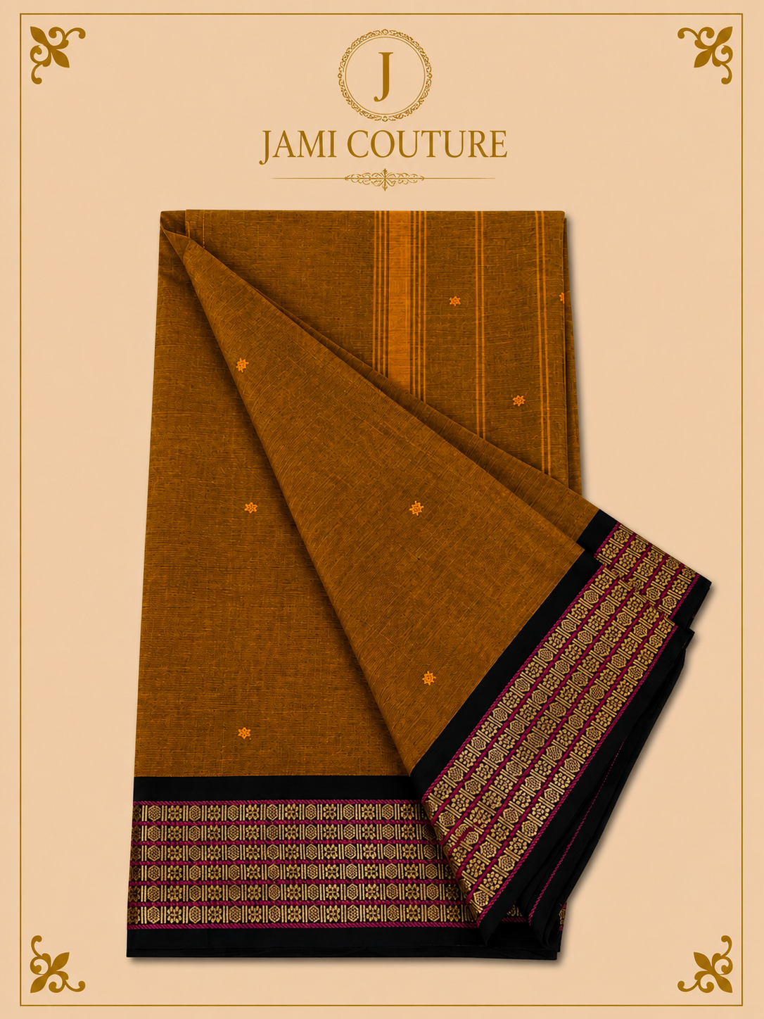 Mustard Brown Silk Cotton Saree with Black & Magenta Geometric Border | Ready-Stitched Blouse