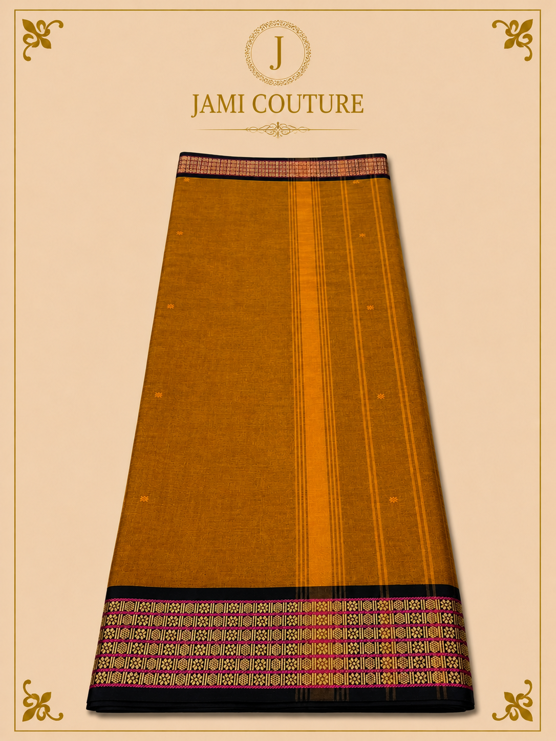Mustard Brown Silk Cotton Saree with Black & Magenta Geometric Border | Ready-Stitched Blouse