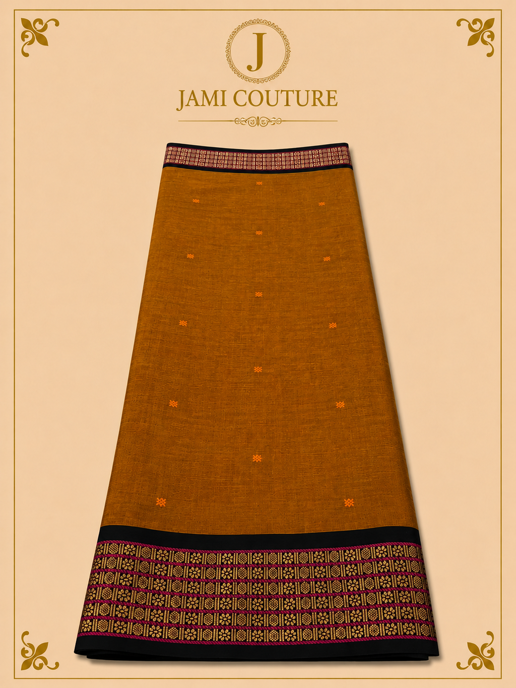 Mustard Brown Silk Cotton Saree with Black & Magenta Geometric Border | Ready-Stitched Blouse