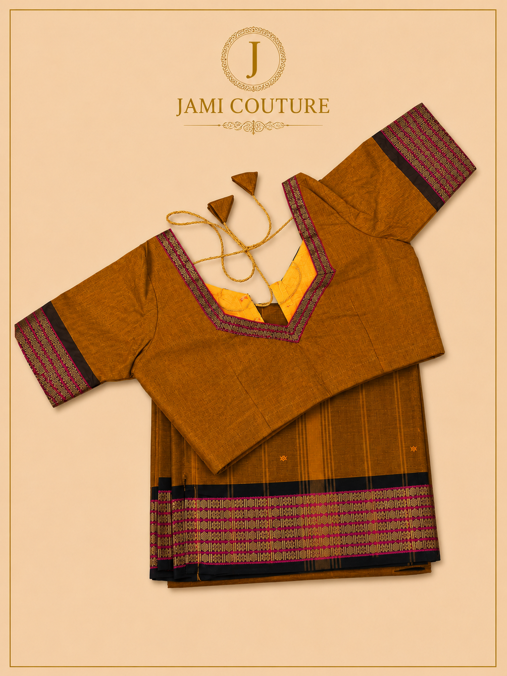 Mustard Brown Silk Cotton Saree with Black & Magenta Geometric Border | Ready-Stitched Blouse
