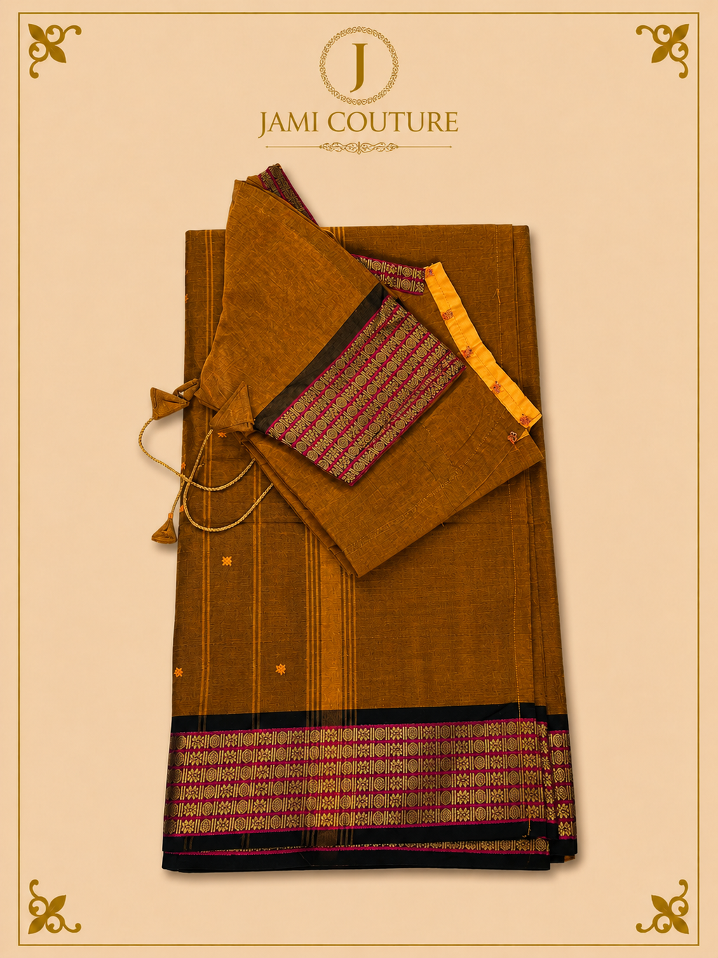 Mustard Brown Silk Cotton Saree with Black & Magenta Geometric Border | Ready-Stitched Blouse
