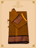 Mustard Brown Silk Cotton Saree with Black & Magenta Geometric Border | Ready-Stitched Blouse