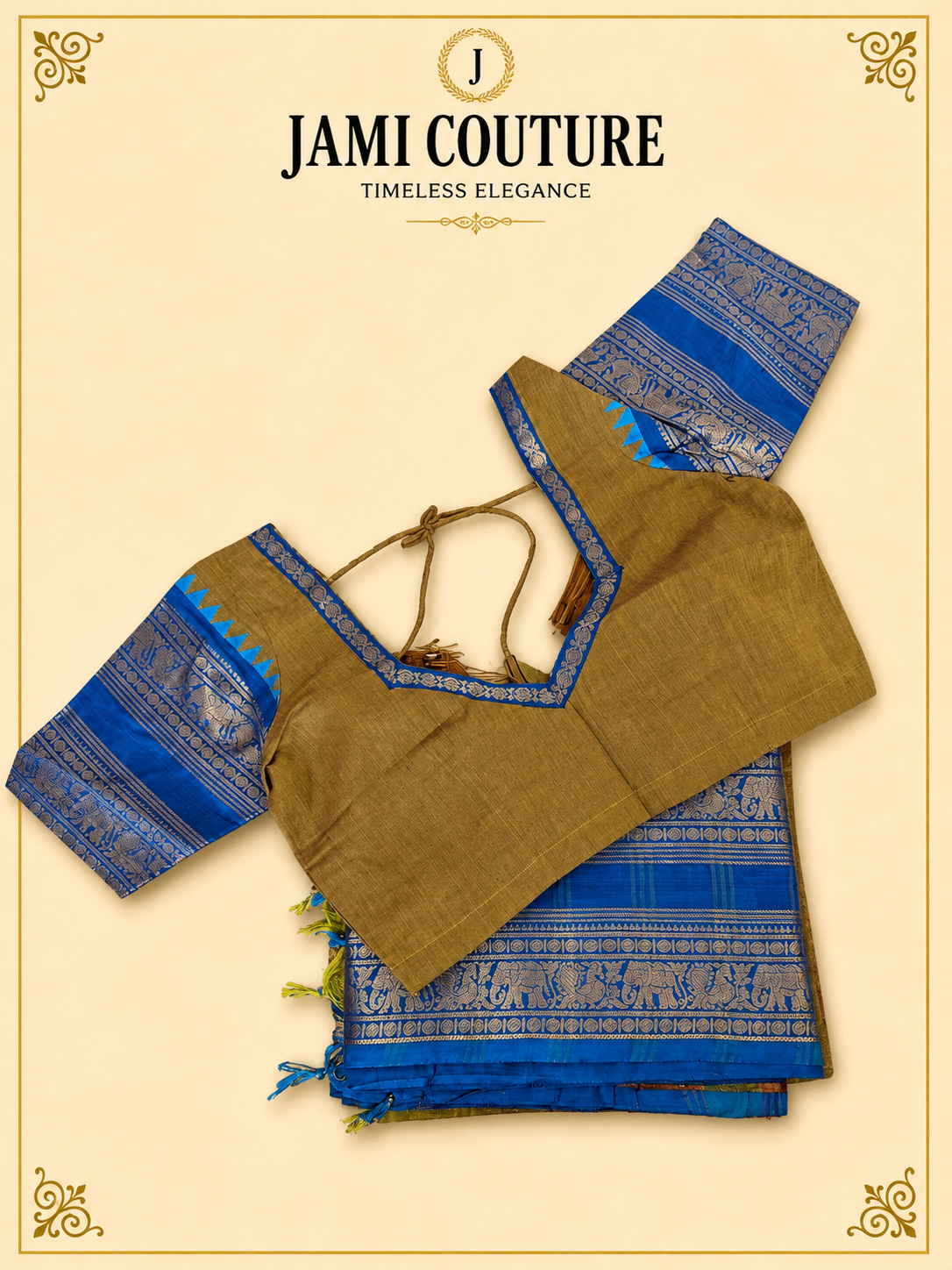 Mustard Handwoven Silk Cotton Saree with Blue Border | Traditional South Indian Saree – Jami Couture