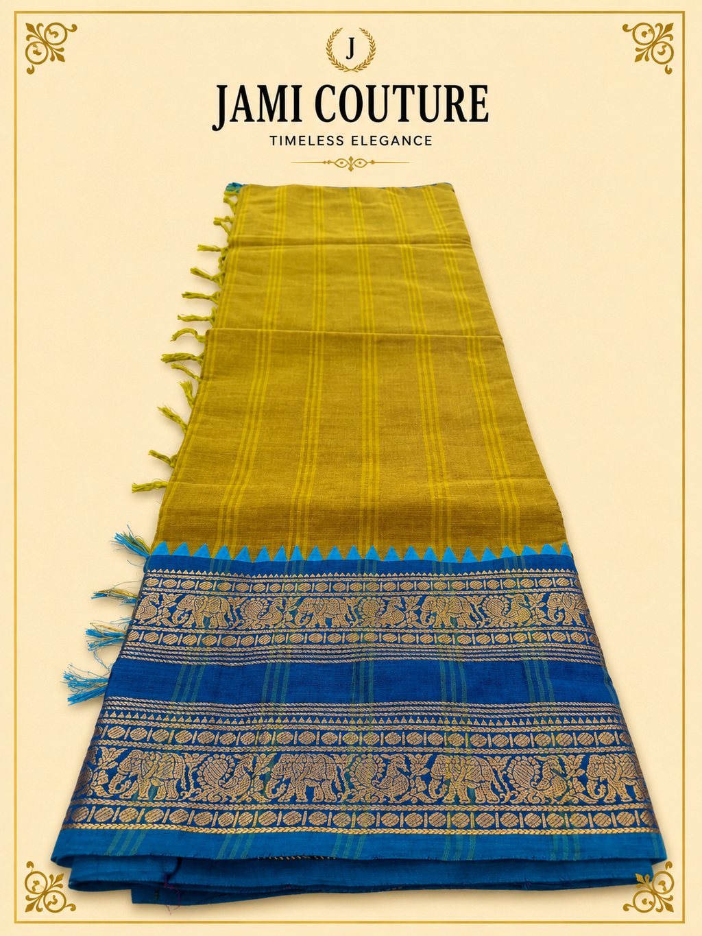 Mustard Handwoven Silk Cotton Saree with Blue Border | Traditional South Indian Saree – Jami Couture