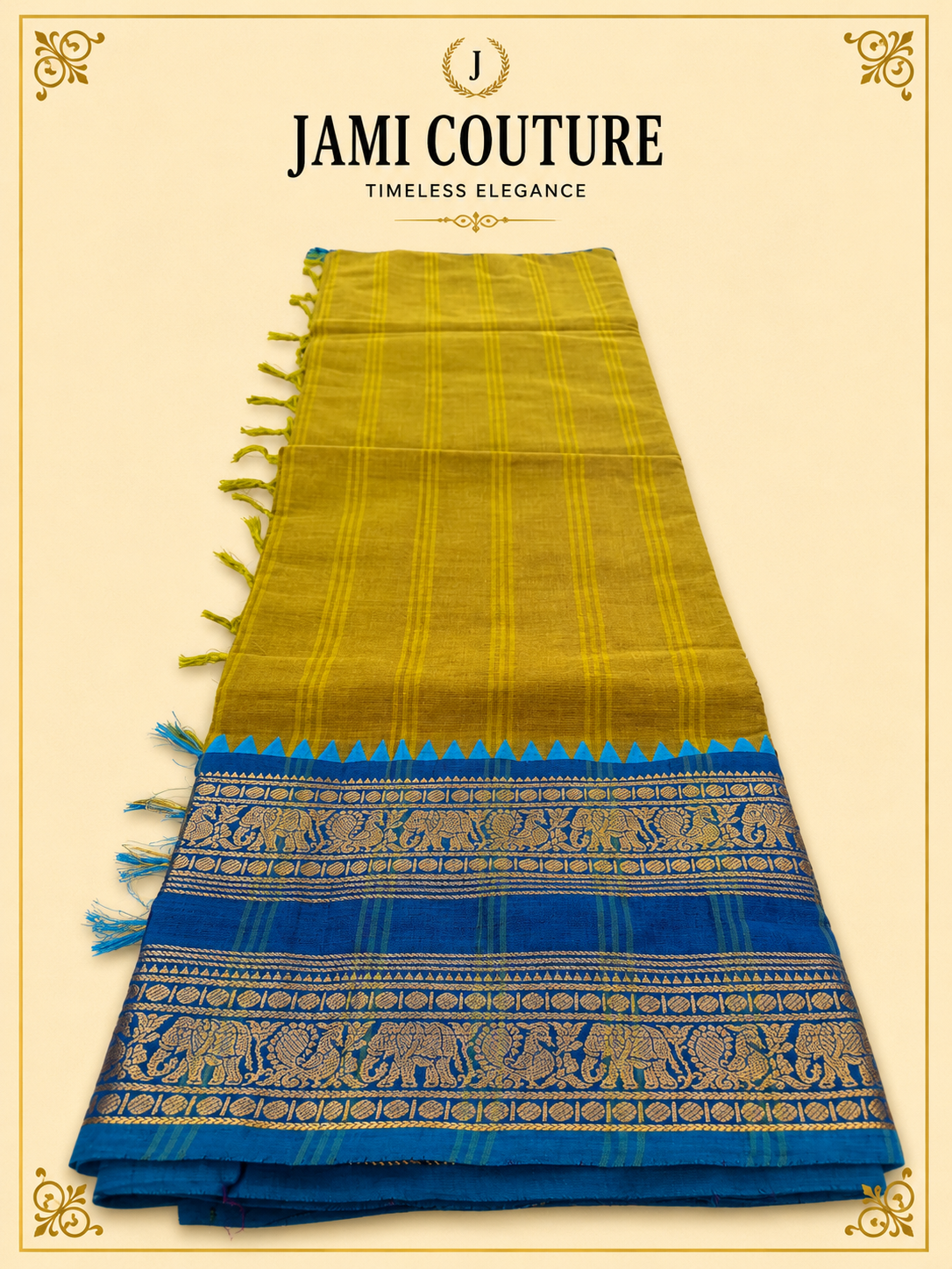 Mustard Handwoven Silk Cotton Saree with Blue Border | Traditional South Indian Saree – Jami Couture