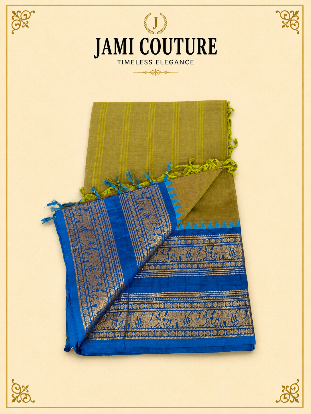 Mustard Handwoven Silk Cotton Saree with Blue Border | Traditional South Indian Saree – Jami Couture