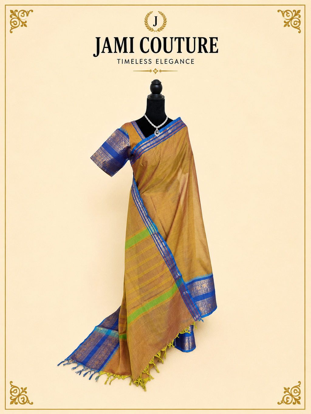 Mustard Handwoven Silk Cotton Saree with Blue Border | Traditional South Indian Saree – Jami Couture