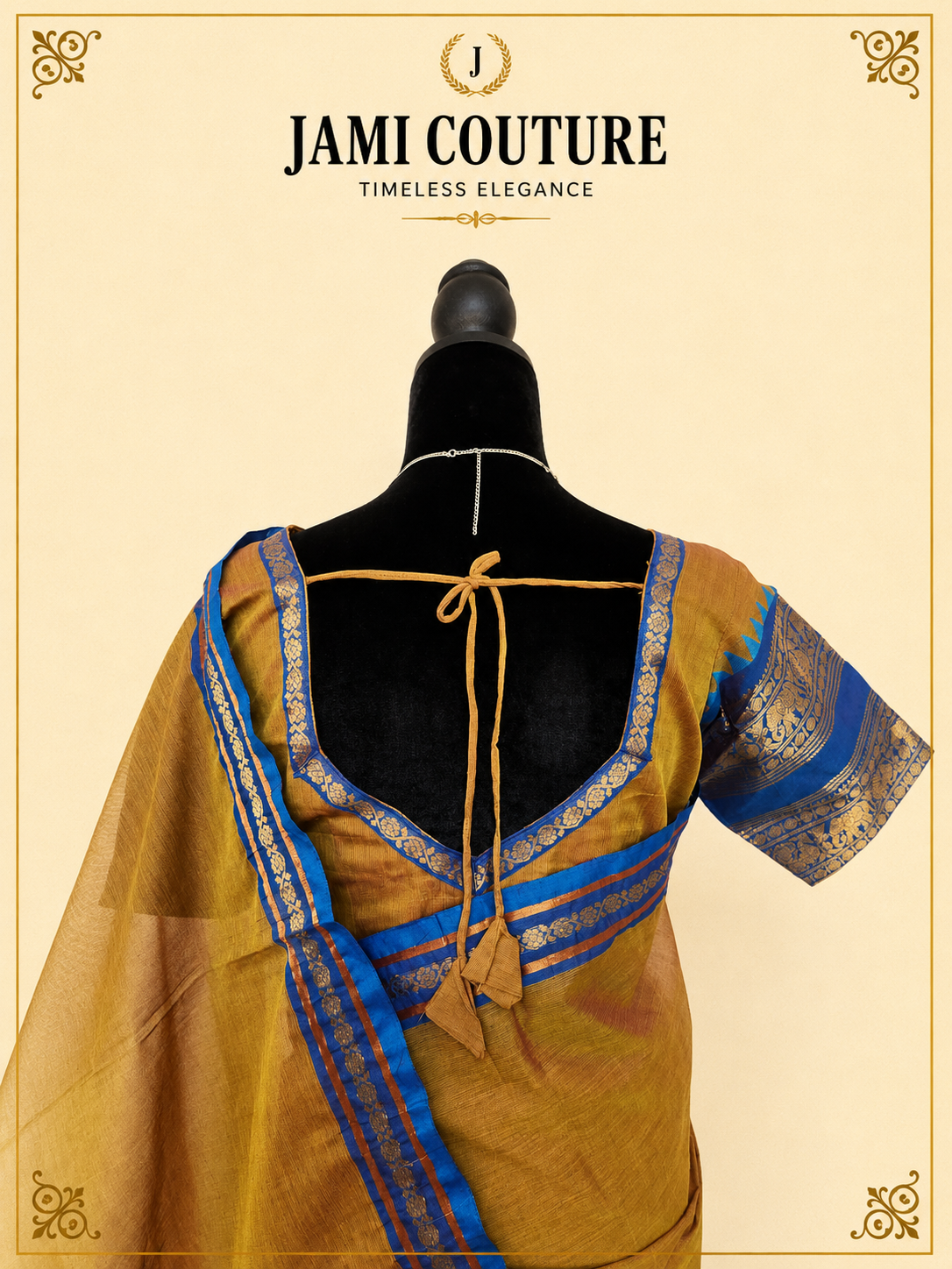 Mustard Handwoven Silk Cotton Saree with Blue Border | Traditional South Indian Saree – Jami Couture