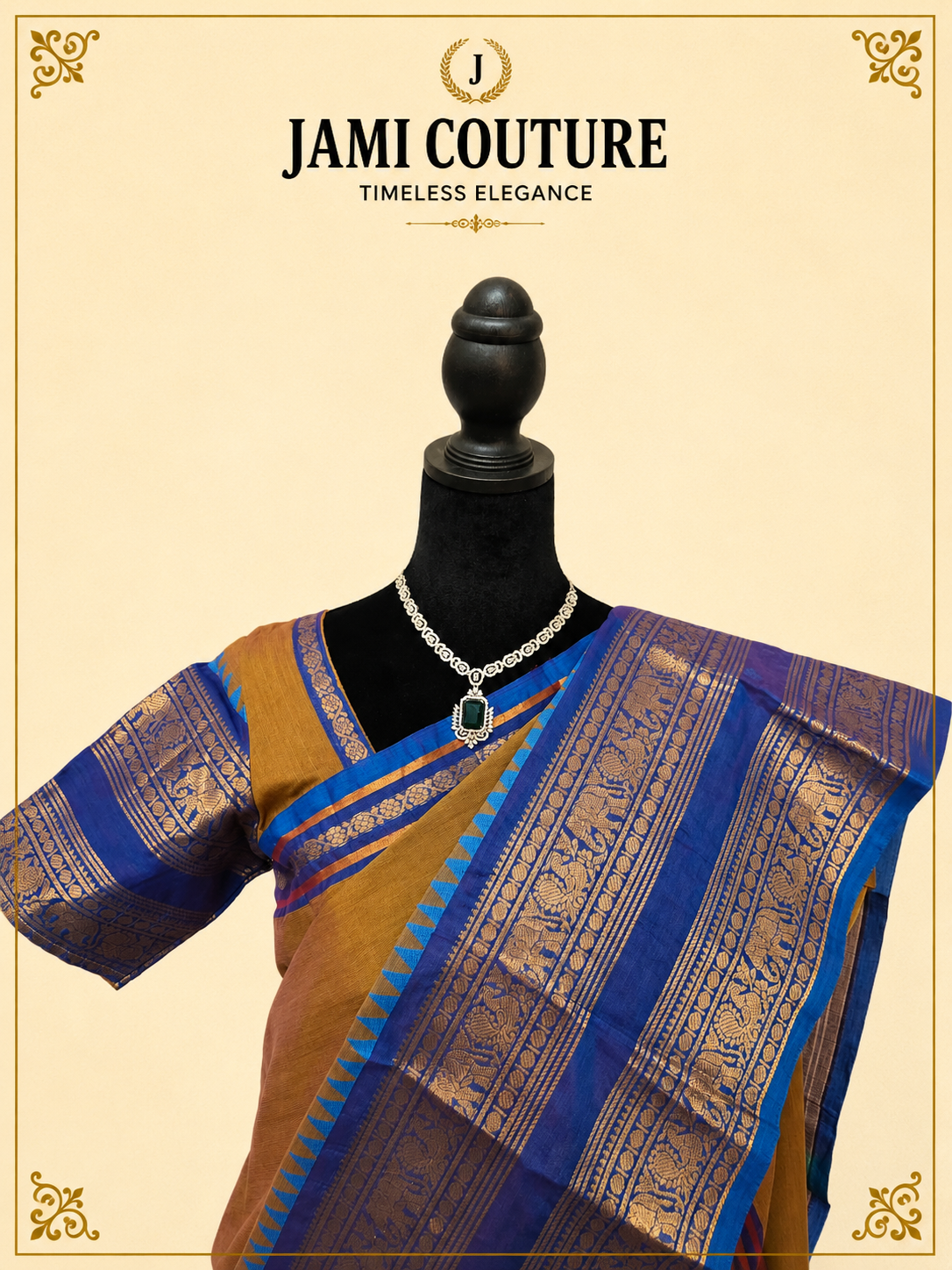 Mustard Handwoven Silk Cotton Saree with Blue Border | Traditional South Indian Saree – Jami Couture