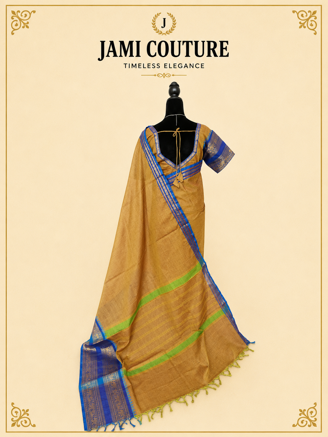 Mustard Handwoven Silk Cotton Saree with Blue Border | Traditional South Indian Saree – Jami Couture