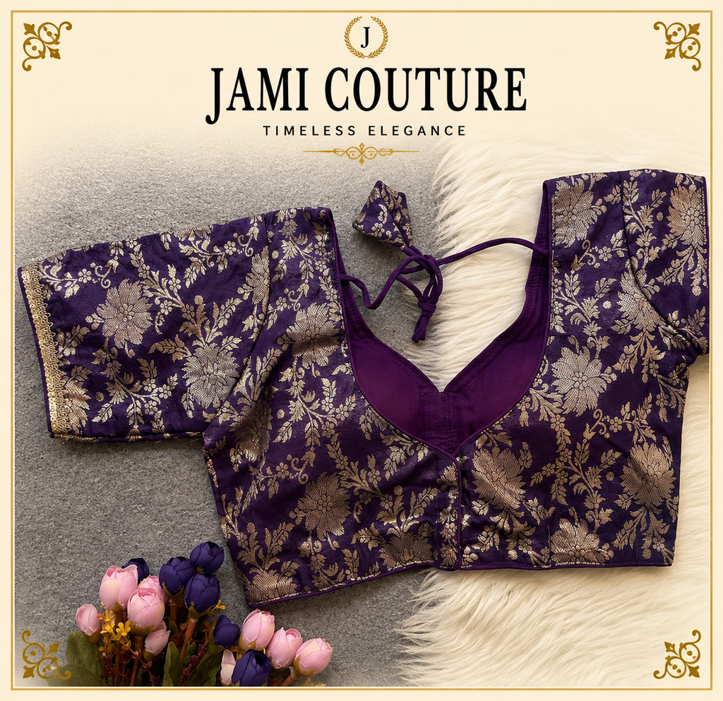 Purple Pure Dola Silk Readymade Blouse with Golden Floral Weaving | Ready-to-Wear Saree Blouse