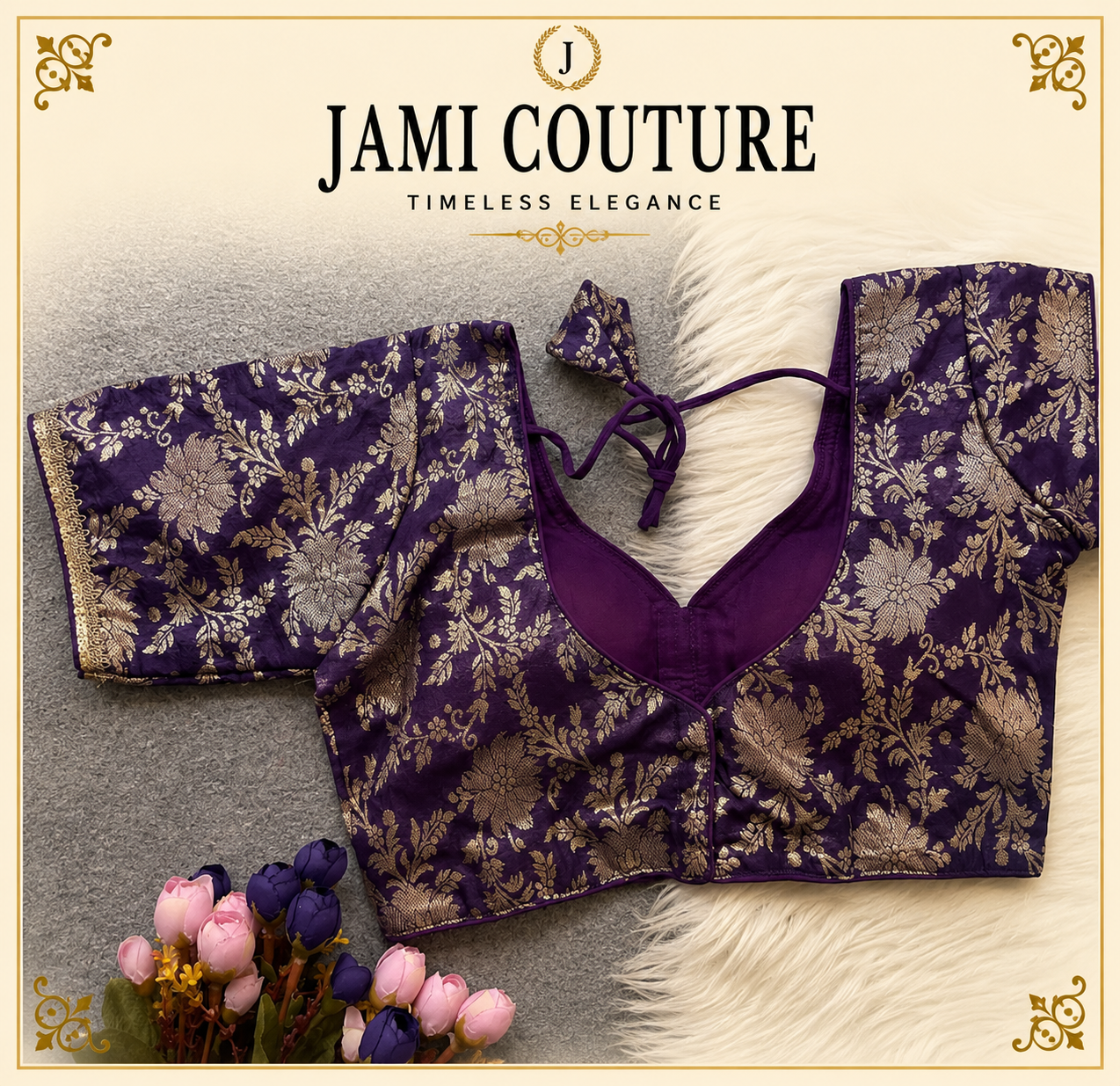 Purple Pure Dola Silk Readymade Blouse with Golden Floral Weaving | Ready-to-Wear Saree Blouse