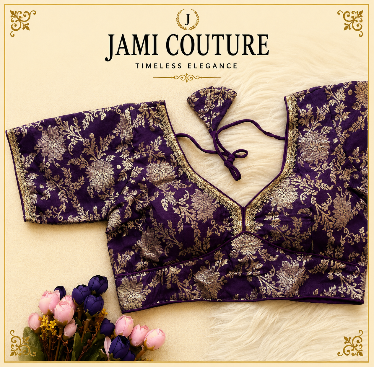 Purple Pure Dola Silk Readymade Blouse with Golden Floral Weaving | Ready-to-Wear Saree Blouse