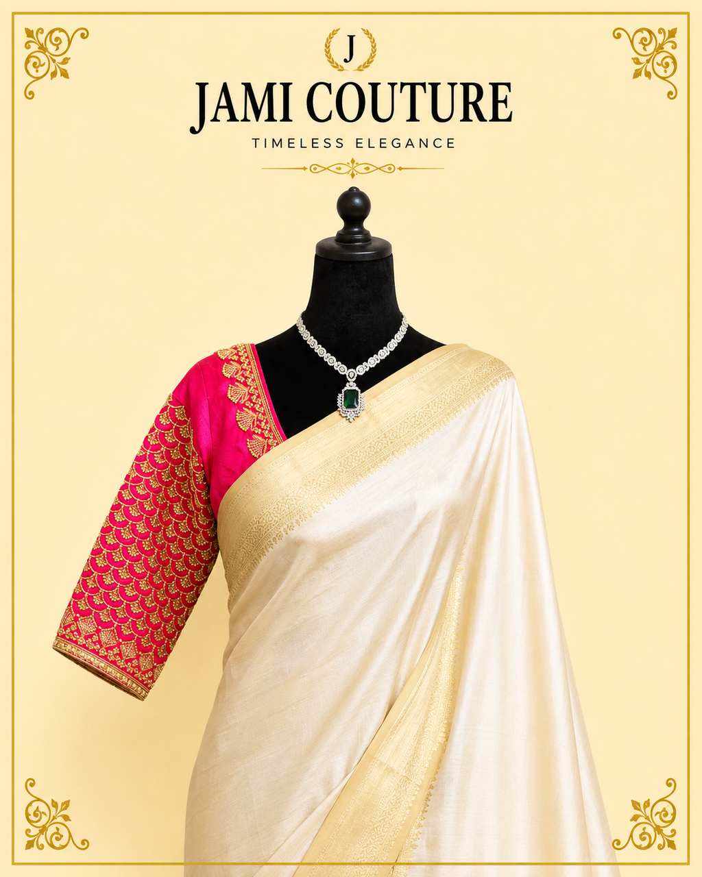 Beige & Gold Kasavu Silk Blend Saree with Wide Zari Border & Tasseled Pallu | Traditional South Indian Saree