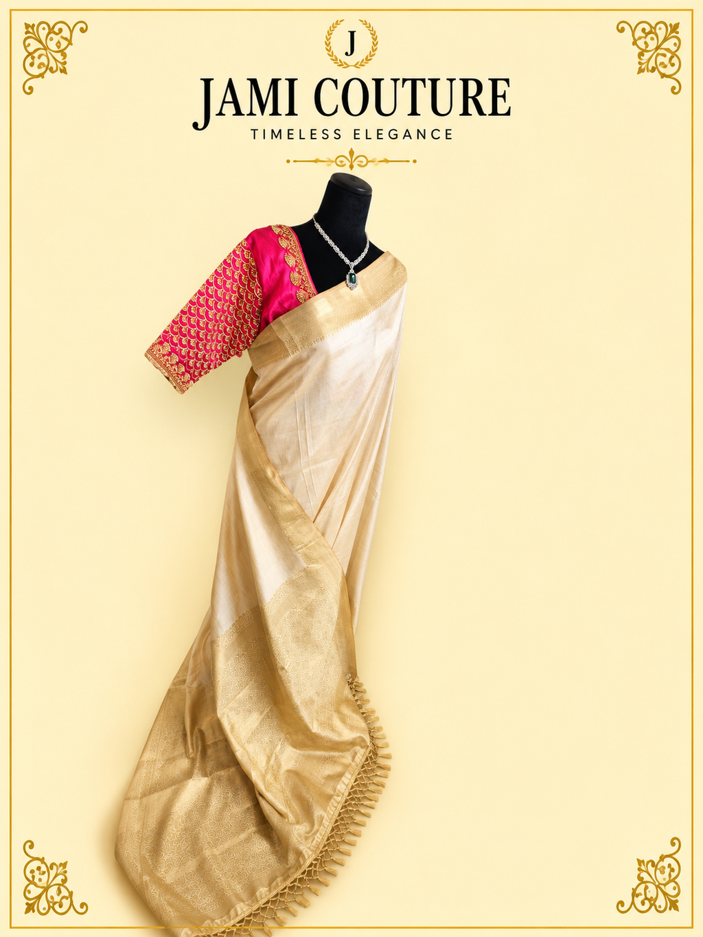 Beige & Gold Kasavu Silk Blend Saree with Wide Zari Border & Tasseled Pallu | Traditional South Indian Saree