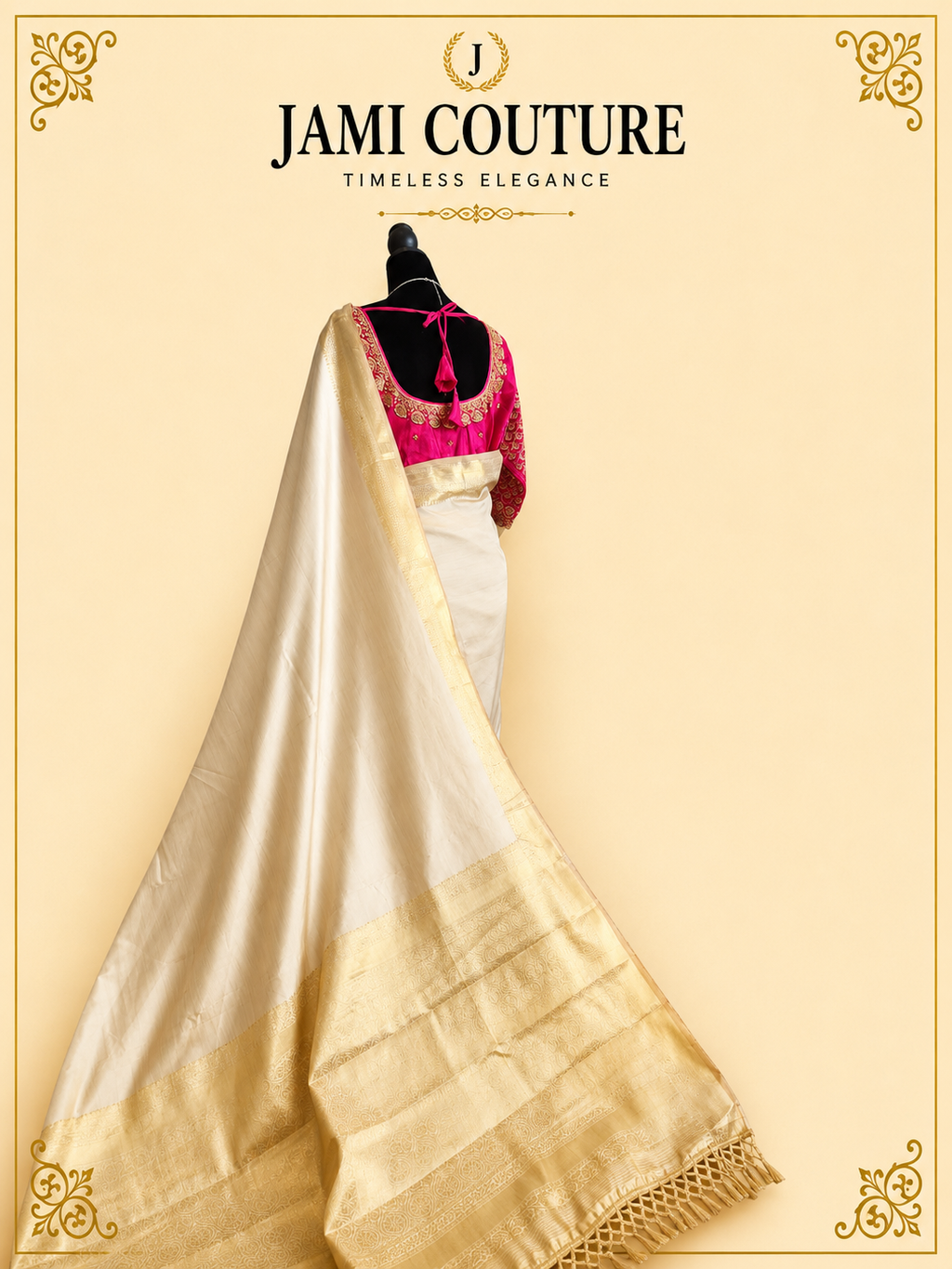 Beige & Gold Kasavu Silk Blend Saree with Wide Zari Border & Tasseled Pallu | Traditional South Indian Saree